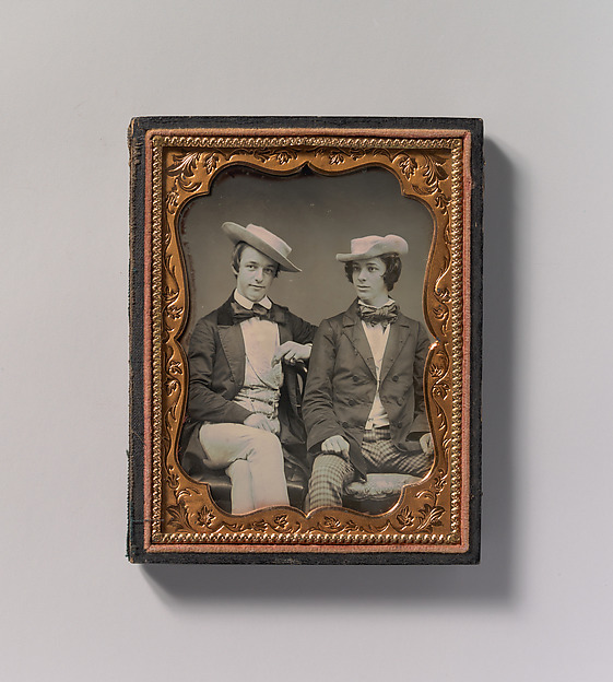 Unknown, [Two Seated Young Men Wearing Gingham Trousers, Bow Ties, and Brimmed, Soft Hats]