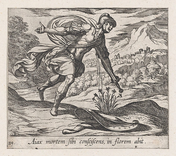 Antonio Tempesta, Plate119: The Death of Ajax (Aiax moretm Sibi consciscens, in florem abit), from Ovid's 'Metamorphoses'