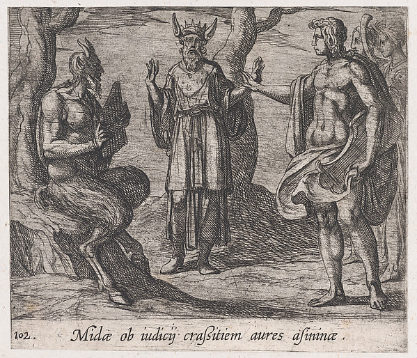 Antonio Tempesta, Plate 102: Midas with the Ears of an Ass (Midae ob iudicij craßustiem aures asininae), from Ovid's 'Metamorphoses'