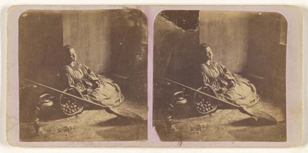 Unknown, [Woman sleeping on floor in a barn, resting up against a wall, basket of apples, a broom and a kettle next to her]