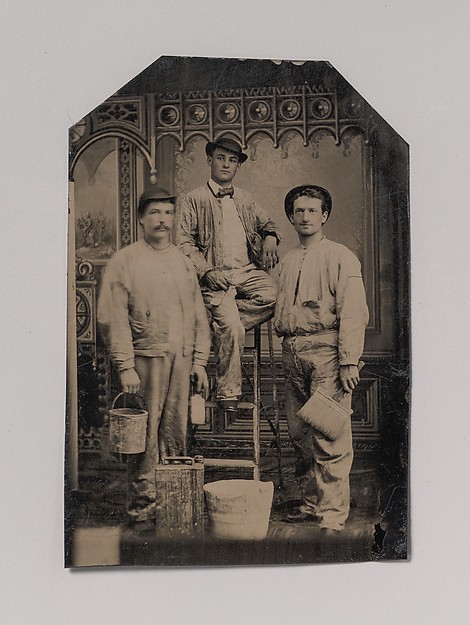 Unknown, [Three Painters, Arranged On and Around a Ladder, with Brushes, Bucket, and Paint Can]