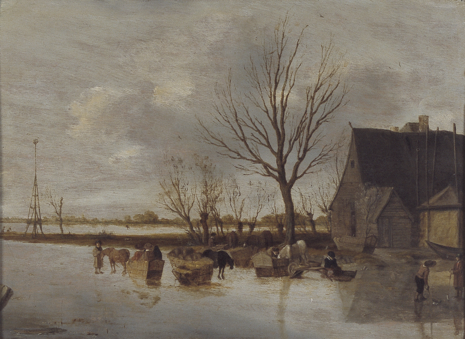 Salomon van Ruysdael, Winter landscape with horse drawn sleighs on the ice near a cottage