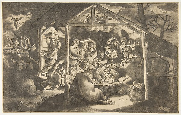 Giulio Bonasone, The adoration of the shepherds, various figures surrounding the Christ Child in the centre