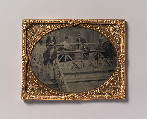 Unknown, [Group of Men and Boys Standing Along the Railing of the Fulton Street Bridge]