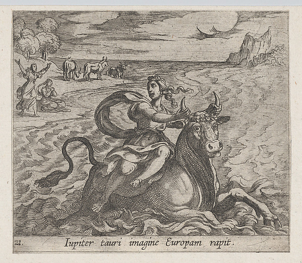 Antonio Tempesta, Plate 21: The Rape of Europa (Iupiter tauri imagine Europam rapit), from Ovid's 'Metamorphoses'