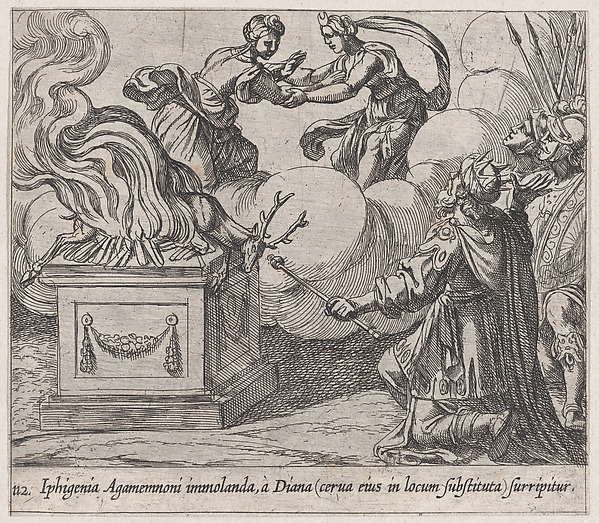 Antonio Tempesta, Plate 112: Agamemnon Sacrificing Iphigenia (Iphigenia Agamemnoni immolanda, à Diana (cerva eius in locum substituta) surripitur), from Ovid's 'Metamorphoses'