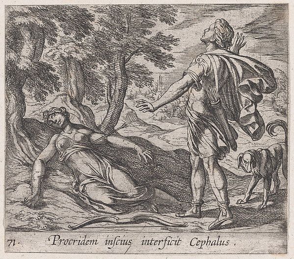 Antonio Tempesta, Plate 71: Procris Killed by Cephalus's Javelin (Procridem inscius interficit Cephalus), from Ovid's 'Metamorphoses'