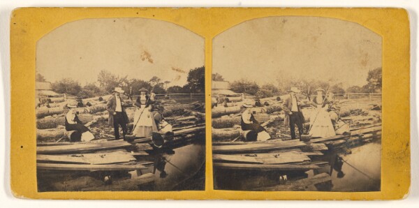 Unknown, [Group of men and women fishing, some seated on logs]
