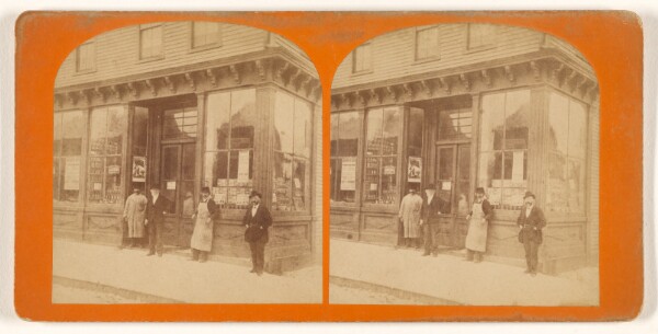 Unknown, [James Carthage and Henry Morris plus two unidentified men at storefront of Coopertaive Grocery Store, Bedford, Massachusetts]