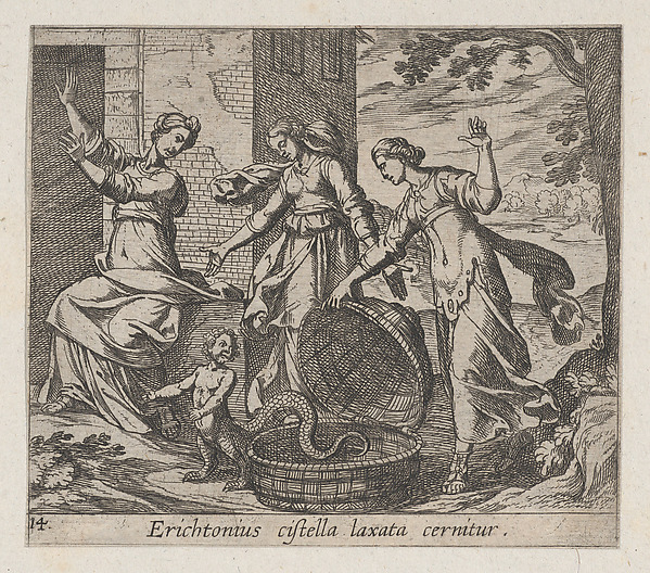 Antonio Tempesta, Plate 14: Erichthonius Released from his Basket (Erichtonius cistella laxata cernitur), from Ovid's 'Metamorphoses'
