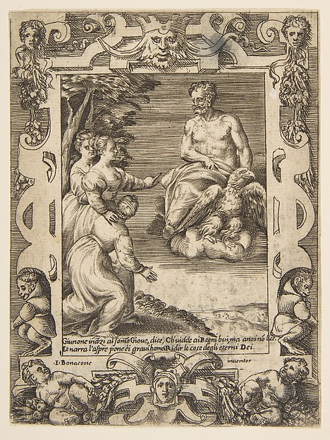 Giulio Bonasone, Juno at left asks Jupiter to help the Greeks, set within an elaborate frame, from "Loves, Rages and Jealousies of Juno"