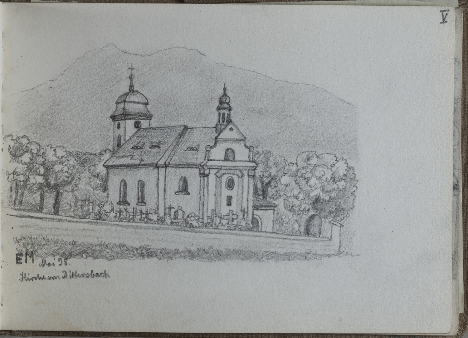 Ernst Morgenstern, Dittersbach (Böhmische Schweiz) [Jetřichovice, Tschechien]: Kirche (Skizzenbuch Ernst Morgenstern, Bl. V)