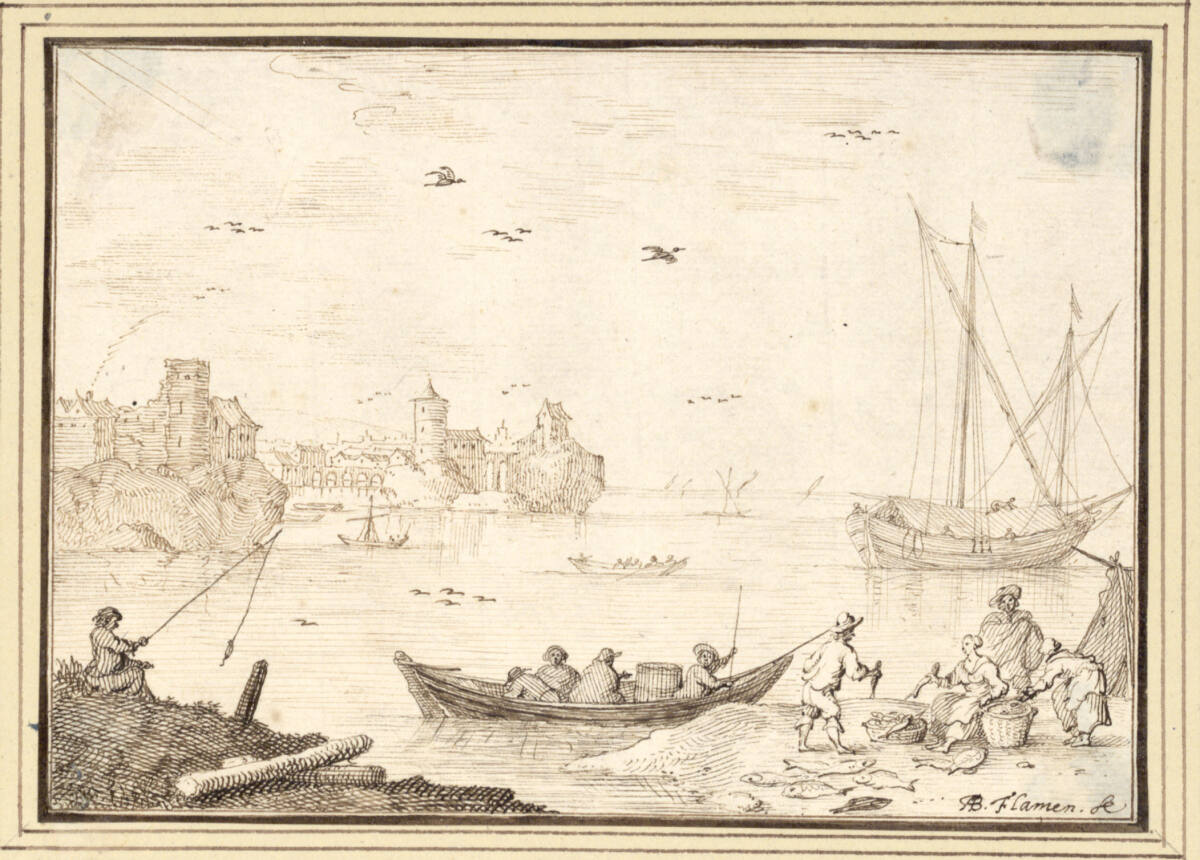 AlbertFlamen, Küstenlandschaft mit Fischerboot und Fischverkäuferin am Strand (II-37)
