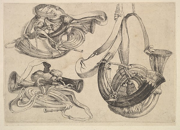Wenceslaus Hollar, Seven hunting horns in three groupings