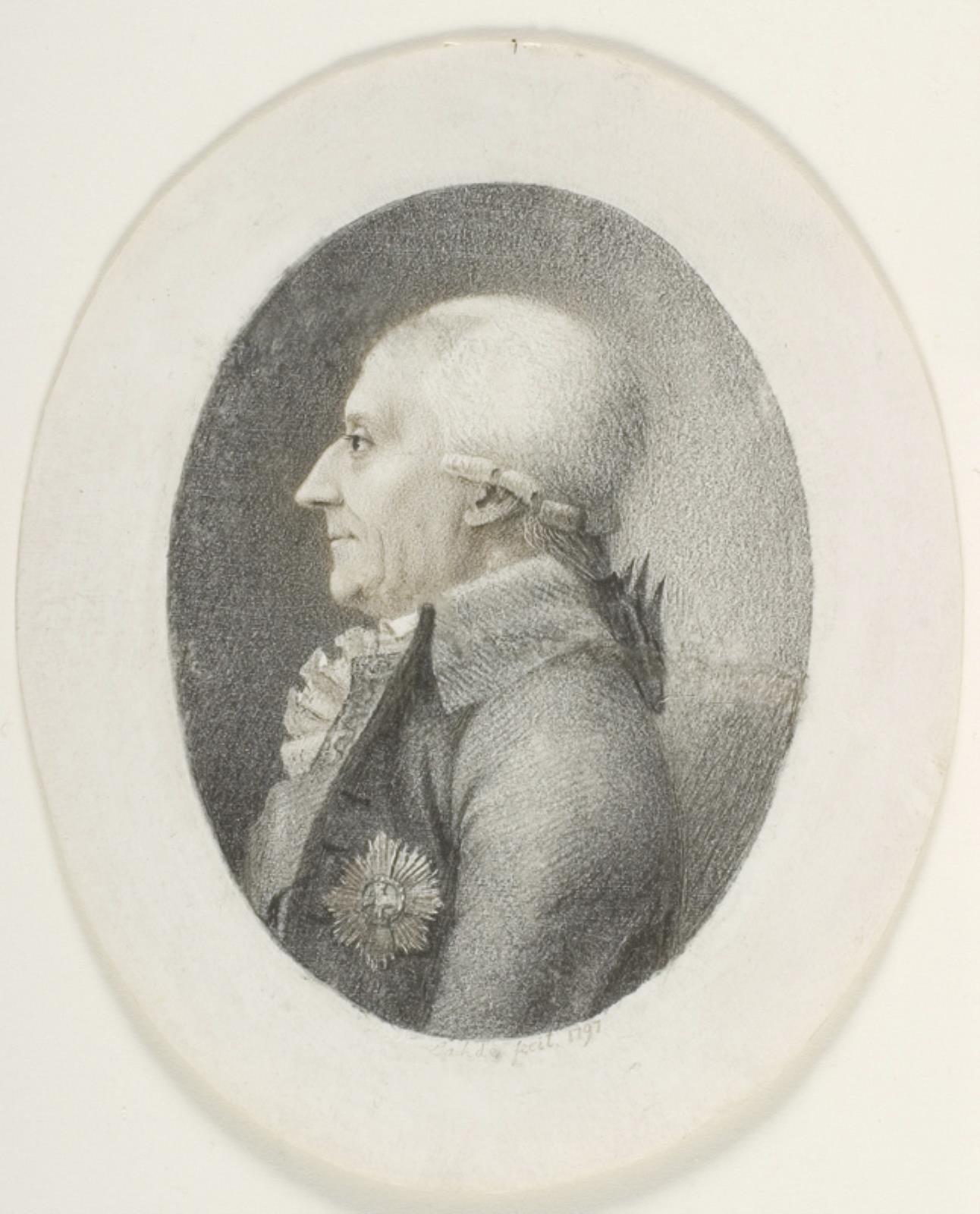 Gerhard Ludvig Lahde, Portræt af A.P. Bernstorff, greve, statsminister (1735-1797). Brystbillede. Profil til venstre