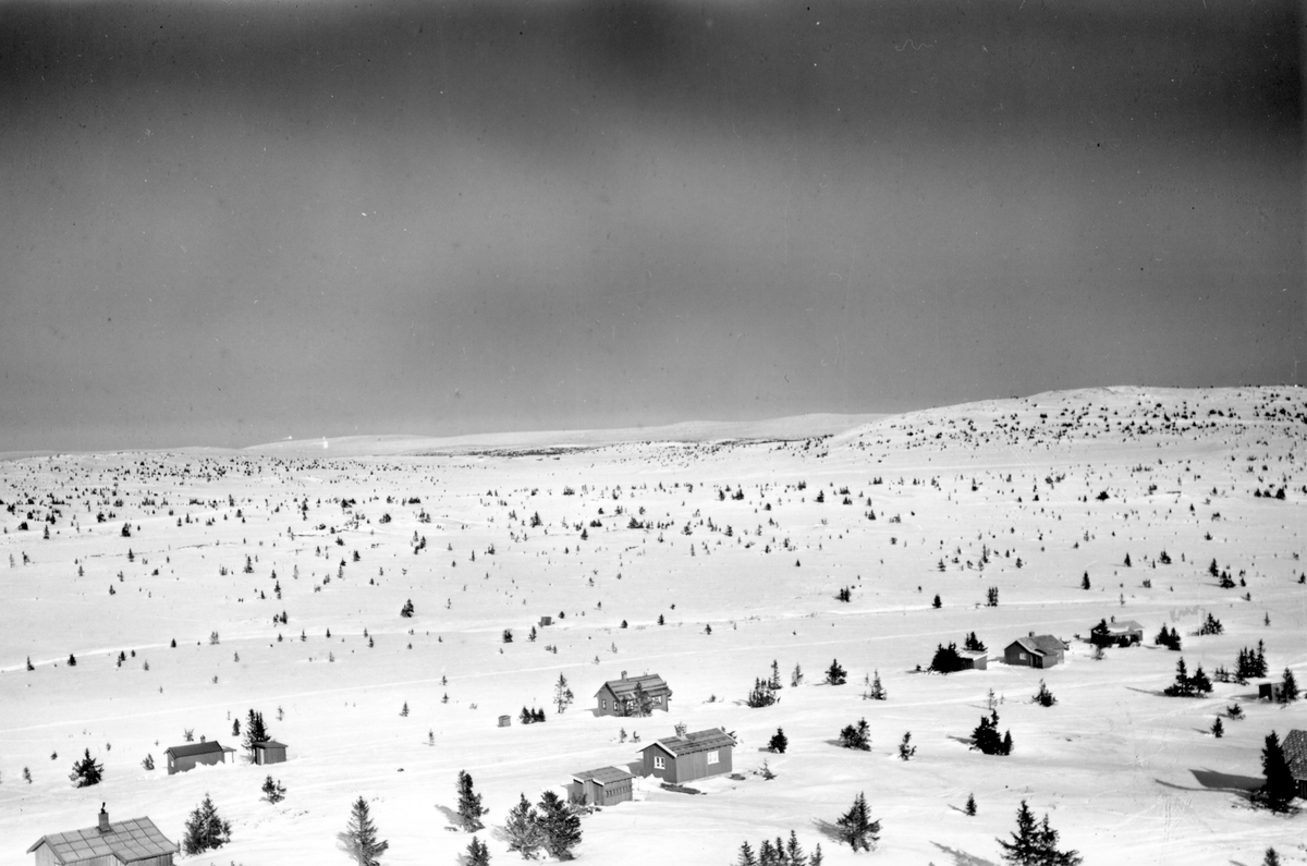 Widerøes Flyveselskap A/S, Flyfoto av bebyggelse i vinterlandskap på Sjusjøen, Ringsaker Almenning.