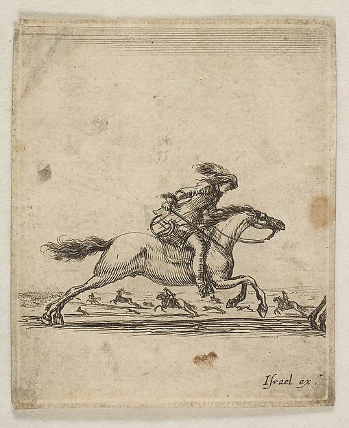 Stefano della Bella, A horseman with sword in hand galloping towards the right, other horsemen galloping towards the left in the background, from "Various cavalry exercises" (Diverses exercices de cavalerie)