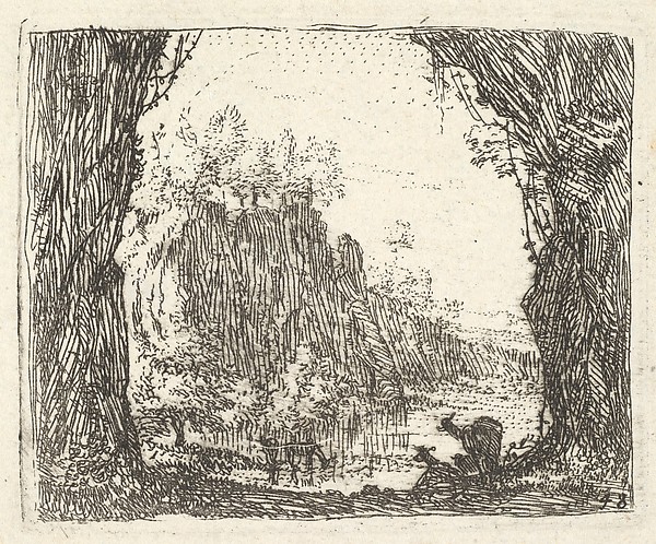 Karel Dujardin, Landscape flanked by trees in the left and right foreground, silhouettes of two goats, a river with cliffs beyond, from "The Small Landscapes"