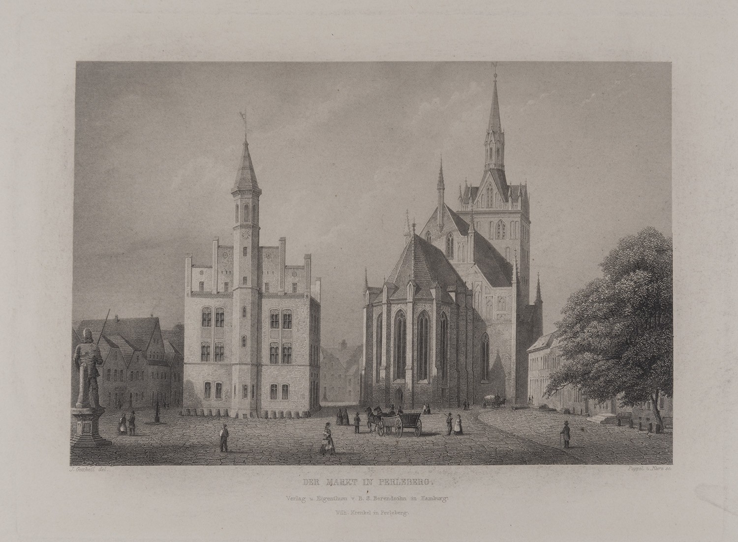 B. S. Berendsohn (Hamburg), Perleberg: Marktplatz mit Rathaus und Stadtpfarrkirche St. Jakobi von Osten (Brandenburgisches Album, Blatt 32)