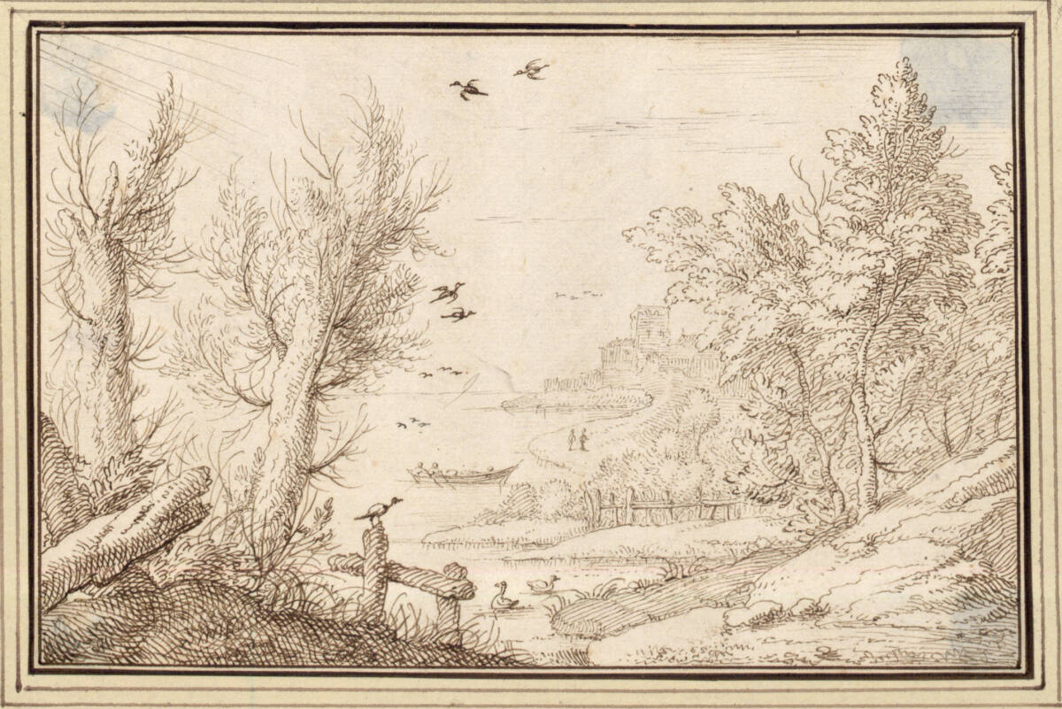 AlbertFlamen, Baumreiche Landschaft mit See, im Vordergrund zwei Weidenbäume (I-3)