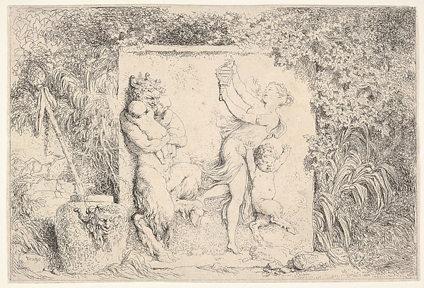 Jean Honoré Fragonard, A bas-relief depicting a satyr at left holding two infants, another child satyr to right, dancing to the sound of the sistrum played by the woman in center, around the relief, a vase decorated with the head of a satyr, plants, and a thyrsus, from "Four Bacchanalia" (Quatre Bacchanales)