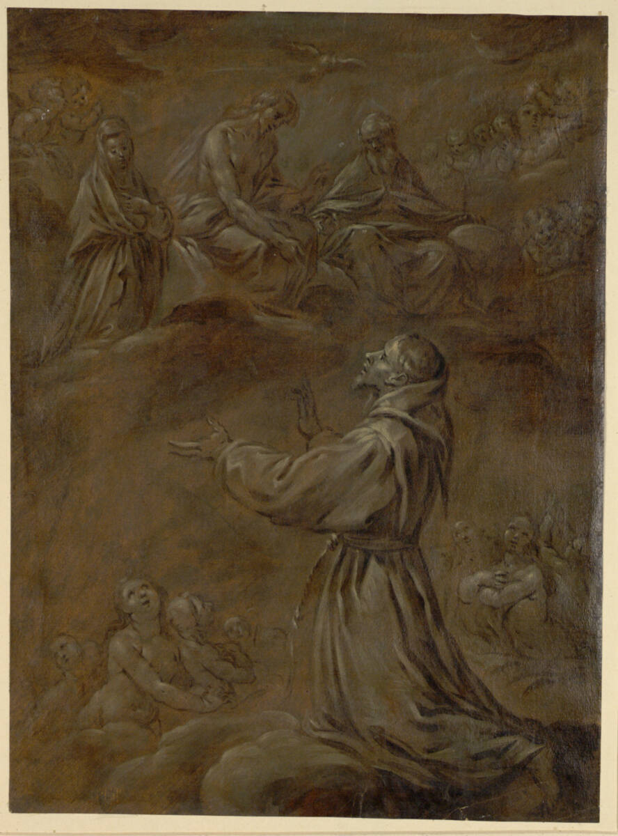 Anonym, Einem nach links auf Wolken knienden Heiligen erscheinen Gottvater, Christus und Maria