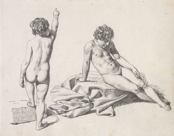 C.W. Eckersberg, To nøgne småpiger, den ene siddende set forfra, den anden stående set bagfra