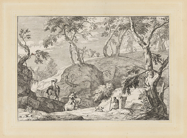Marco Ricci, Mountain landscape with men on horseback and a seated man with a dog