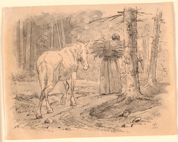 Johan Thomas Lundbye, Konen og hesten. Illustration til Kaalunds "Fabler for Børn". Se kommentar fra arkkatalog.