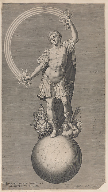 Aegidius Sadeler II, Allegorical figure of a warrior standing on a globe with the papal coat of arms at his feet