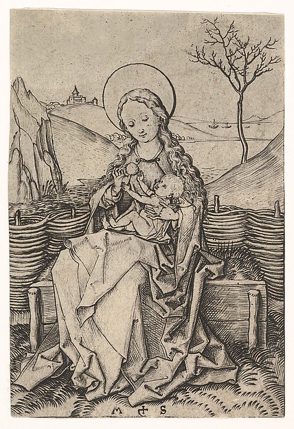 Martin Schongauer, Virgin and Child on a Grassy Bench