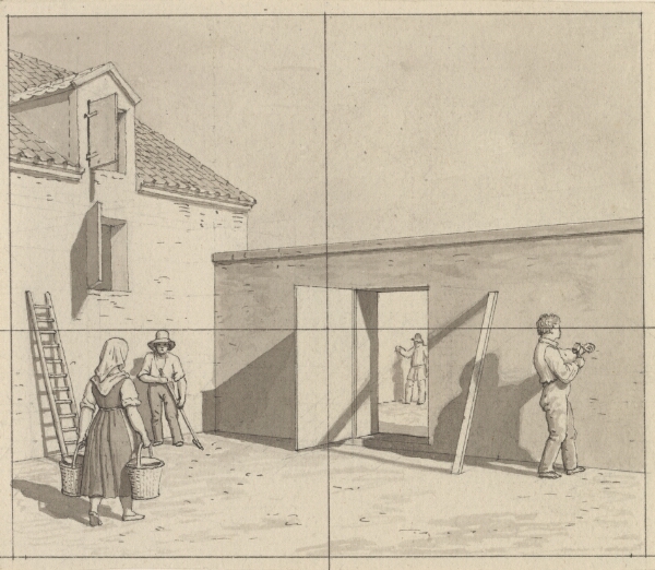 C.W. Eckersberg, Linearperspectiven, anvendt paa malerkunsten - udkast til ikke anvendt illustration - Dansk gårdsplads med fire bønder og håndværkere.