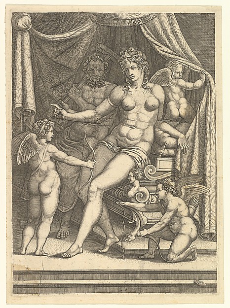 Giorgio Ghisi, Venus and Vulcan Seated on a Bed and Three Putti