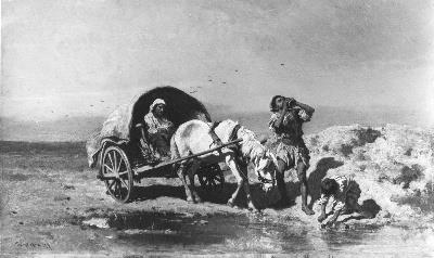 August von Pettenkofen, Hongaarse boeren verfrissen zich aan een waterplas
