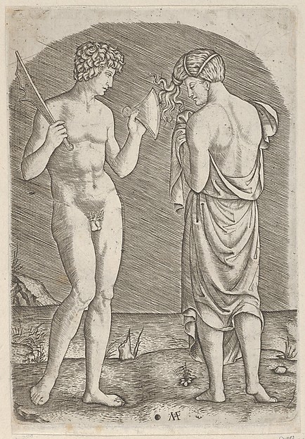 Marcantonio Raimondi, A naked man at left showing an axe to a woman at right