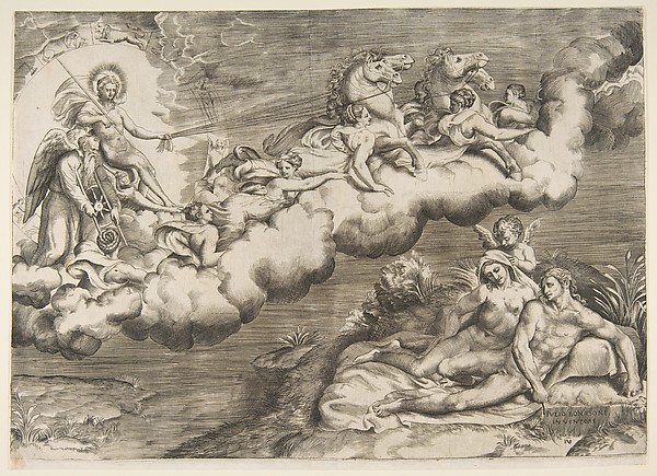 Giulio Bonasone, An allegory of the rising sun, a naked man wearing a shroud and accompanied Father Time is being drawn by horses