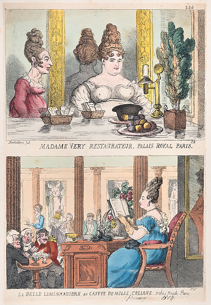 Thomas Rowlandson, Madame Very Restauranteur, Palais Royal Paris and La Belle Liminaudiere au Caffee De Mille Collone, Palais Royale Paris