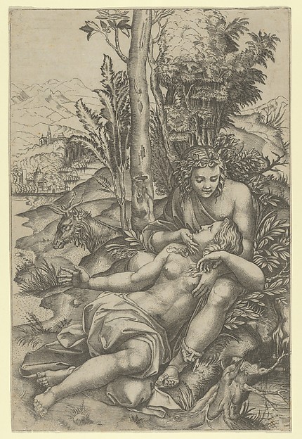 Marcantonio Raimondi, Medor and  Angelica from Lodovico Ariosto's 'Orlando Furioso' or Venus and Adonis embracing, set within a landscape