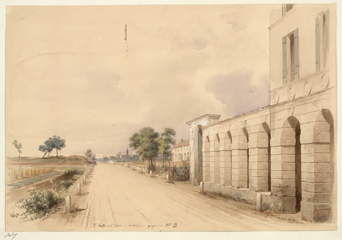 GiuseppeMazzola, Ansicht der Brücke über den Osone bei Curtatone. Strasse von Mantua nach Cremona