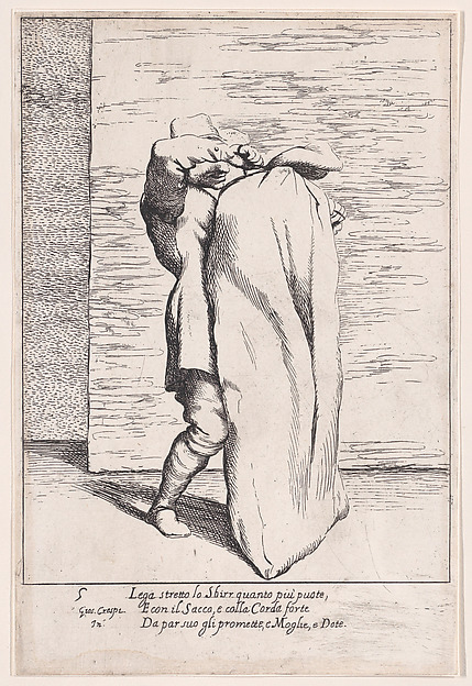 Giuseppe Maria Crespi, Plate 5: Bertoldo putting the jailor into the sack, from "Bertoldo, Bertoldino, and Cacasenno"