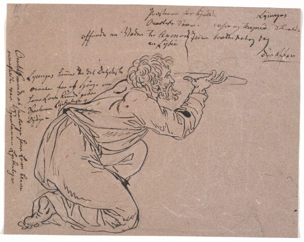 Nicolai Abildgaard, Antik figur. En knælende mand (Lycurgos?) holder en offergave frem på et fad