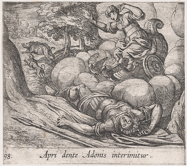 Antonio Tempesta, Plate 98: The Metamorphosis of Adonis (Apri dente Adonis interimitur), from Ovid's 'Metamorphoses'