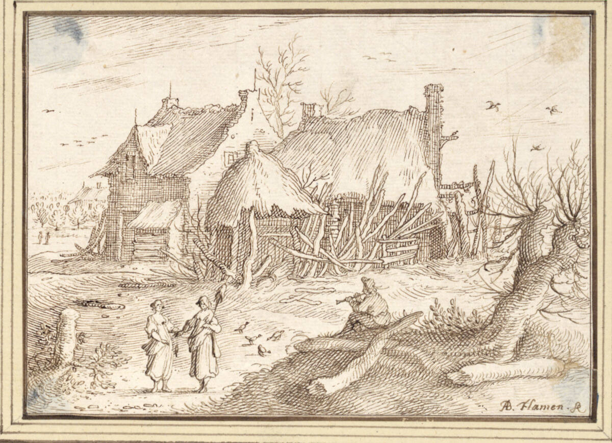 AlbertFlamen, Bauernhaus, davor zwei Frauen und ein Flötenspieler (III-49)
