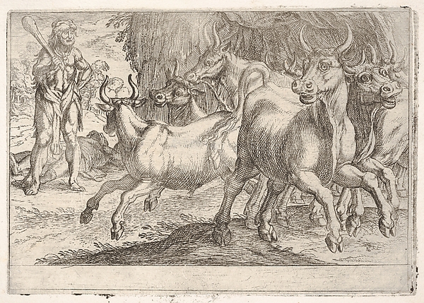 Antonio Tempesta, Hercules and the Oxen of Geryones: with a club raised by his right hand, Hercules confronts a group of galloping oxen, from "The Labors of Hercules"