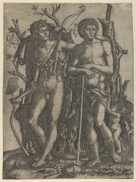 Marcantonio Raimondi, Apollo standing at the left, his hand resting on the shoulder of Hyacinthus, Cupid in the lower right