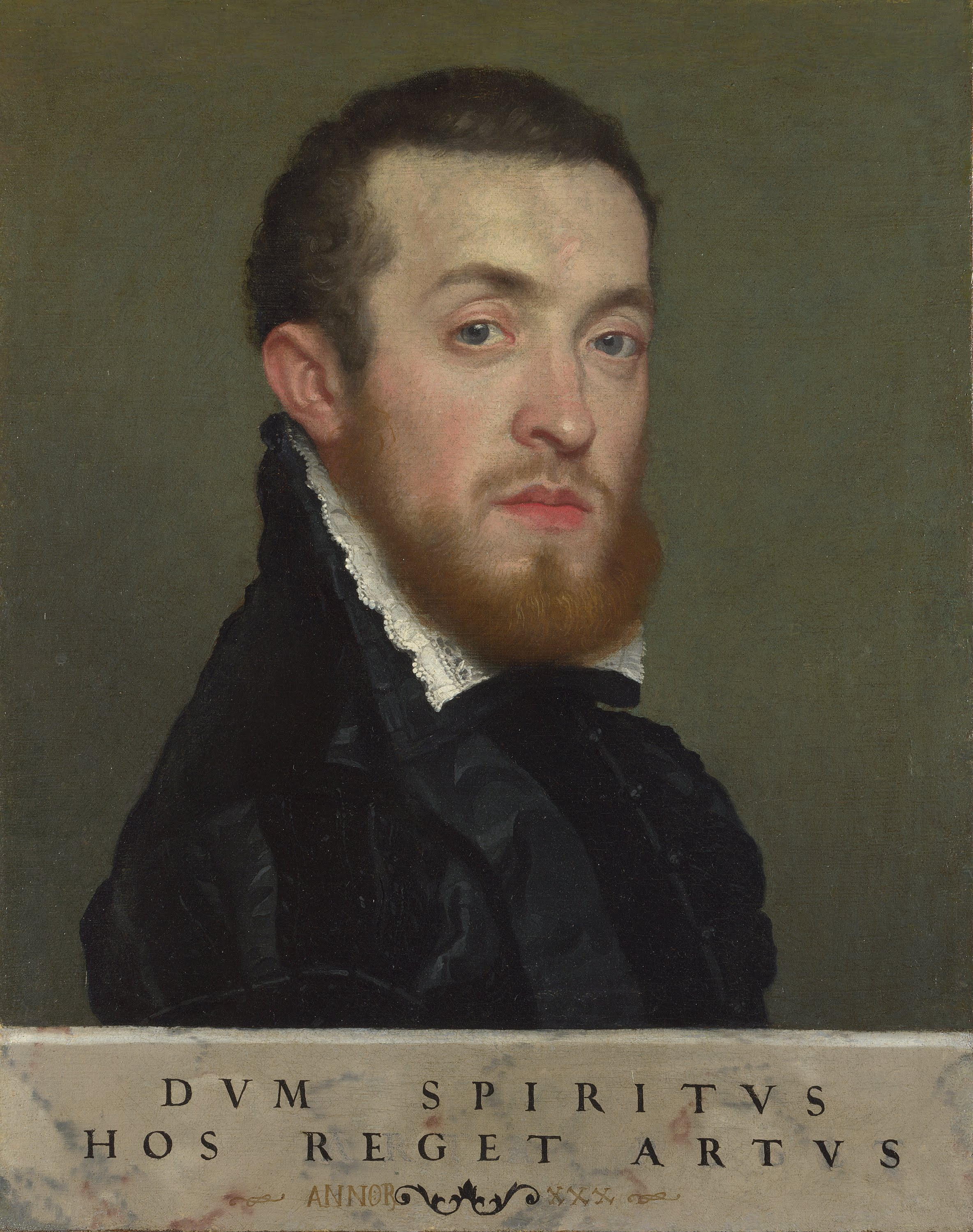 Giovanni Battista Moroni, Bust Portrait of a Young Man with an Inscription