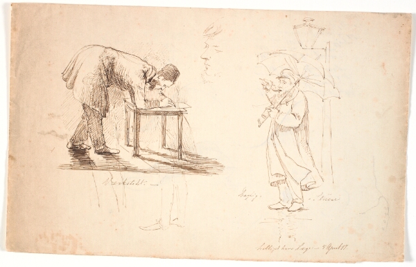 Johan Thomas Lundbye, Studieblad, t.v. ses kunstneren selv, foroverbøjet, tegnende på en taburet eller et lille bord. Tegnet herover to studier af en officer og en kjoleklædt herre. I midten studiehoved, selv-portræt. T.h. står kunstneren med paraply på gaden ved en lygte og t