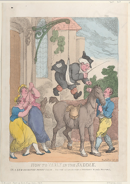 Thomas Rowlandson, How to Vault in the Saddle or a New Invented Patent Crane for the Accomodation or Rheumatic Rump'd Rectors