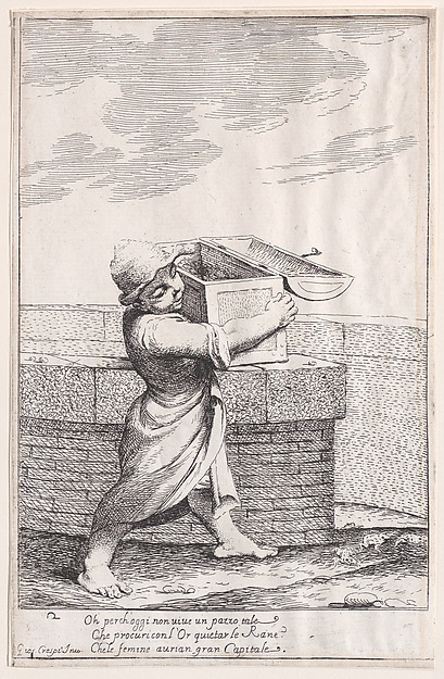Giuseppe Maria Crespi, Plate 8: Bertoldino, enraged by the croaking frogs, throws his strongbox into the fish pond, from "Bertoldo, Bertoldino, and Cacasenno"