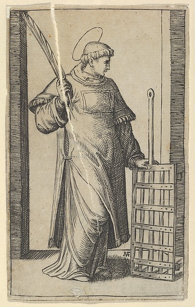 Marcantonio Raimondi, Saint Lawrence, left hand resting on a grill, from "Piccoli Santi" (Small Saints)